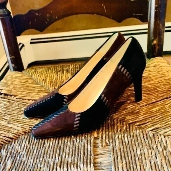 ✨💛✨ Ferragamo Espresso / Nero Suede Calf Leather Patchwork Pumps✨💛✨ Size 6✨💛✨ - Picture 5 of 10